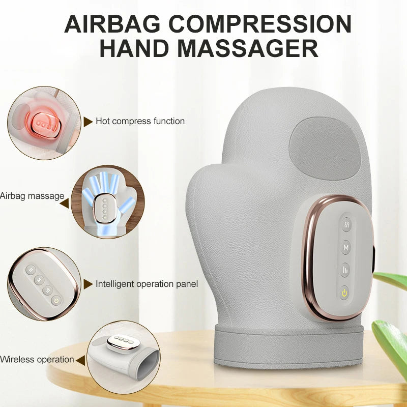 Electric Hand Massager Ｗith Airbag Compression Warm Heating Cordless Glove Massager Application for Palm Finger Relaxation Gift