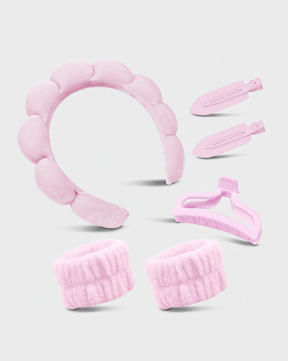 Spa Headband for Washing Face, Cute Skincare Headband and Wristband with Hair Clips Set for Women Girl, Soft-Puffy Velvet Makeup Headbands (Pink)