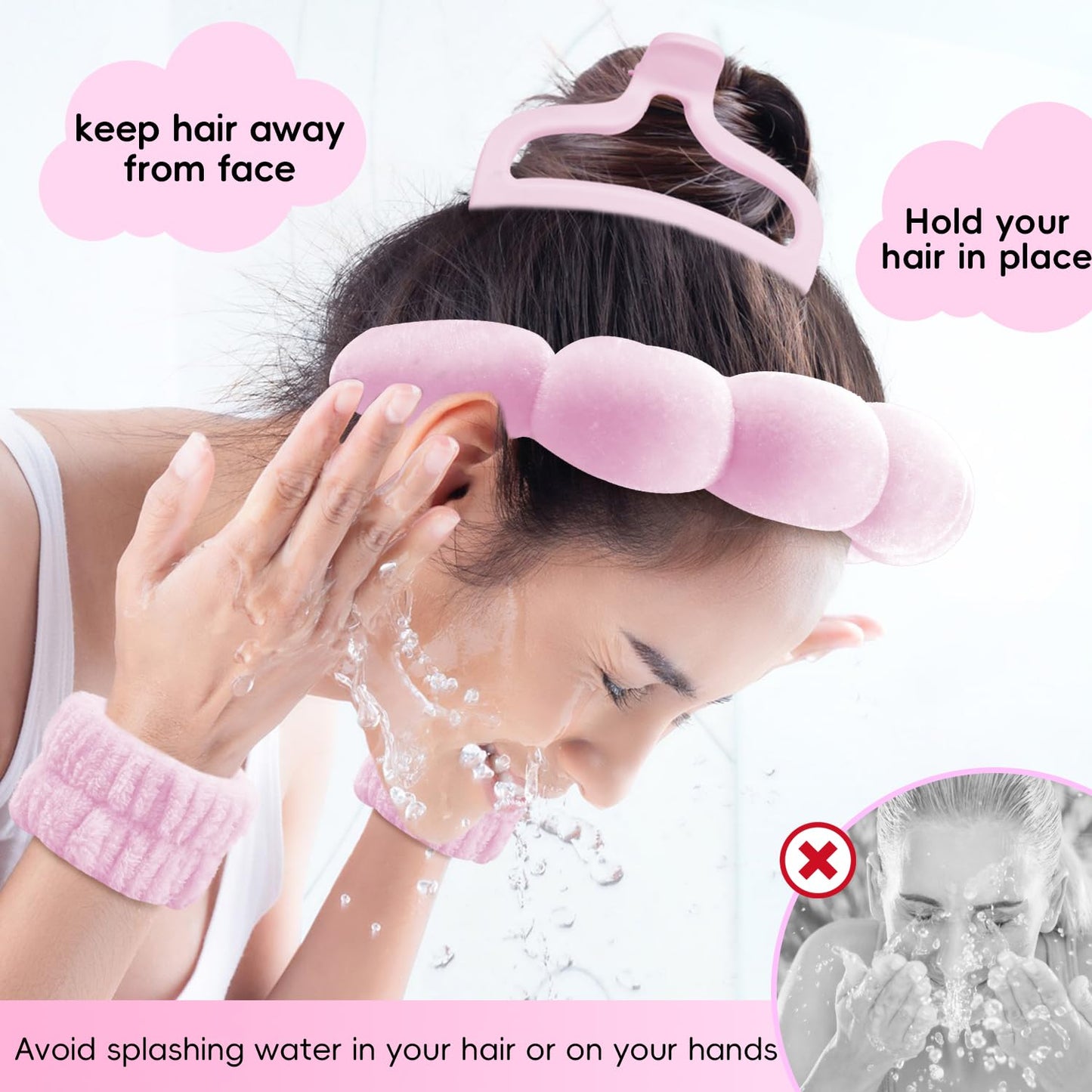Spa Headband for Washing Face, Cute Skincare Headband and Wristband with Hair Clips Set for Women Girl, Soft-Puffy Velvet Makeup Headbands (Pink)